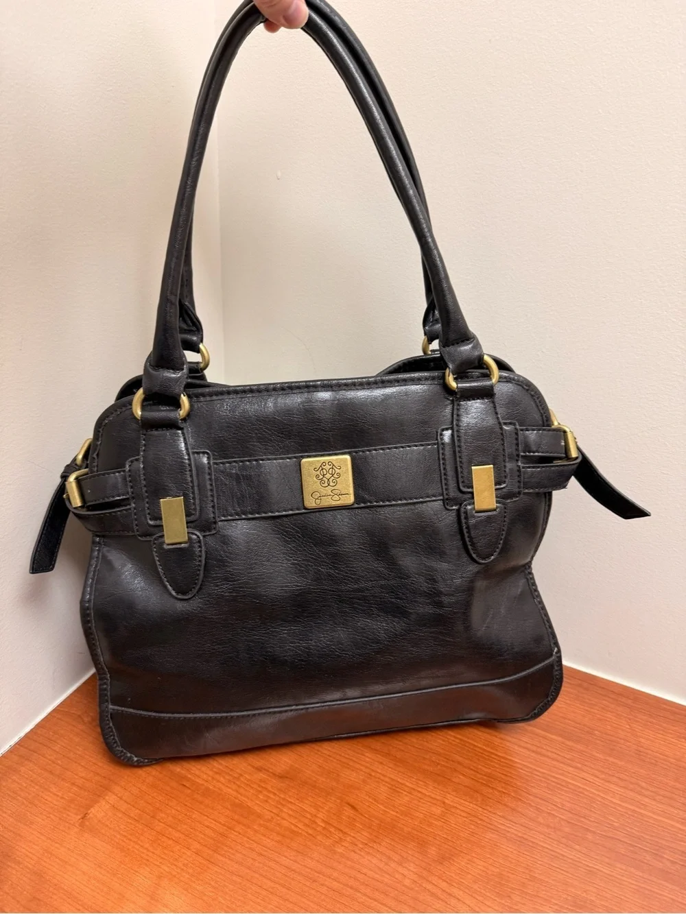 Jessica Simpson Black Satchel Gold Hardware Faux Leather EUC